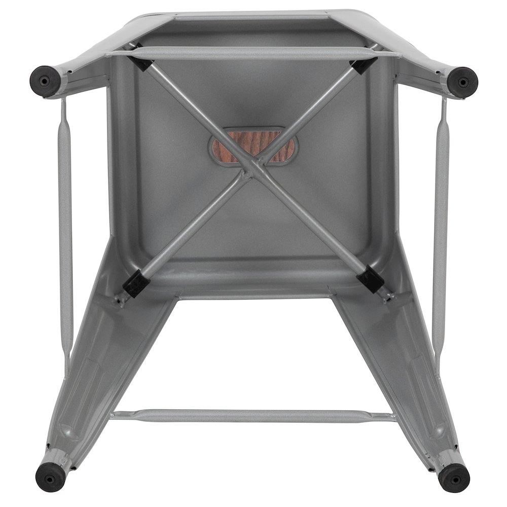 30" High Metal Indoor Bar Stool with Wood Seat in Silver - Stackable Set of 4. Picture 11