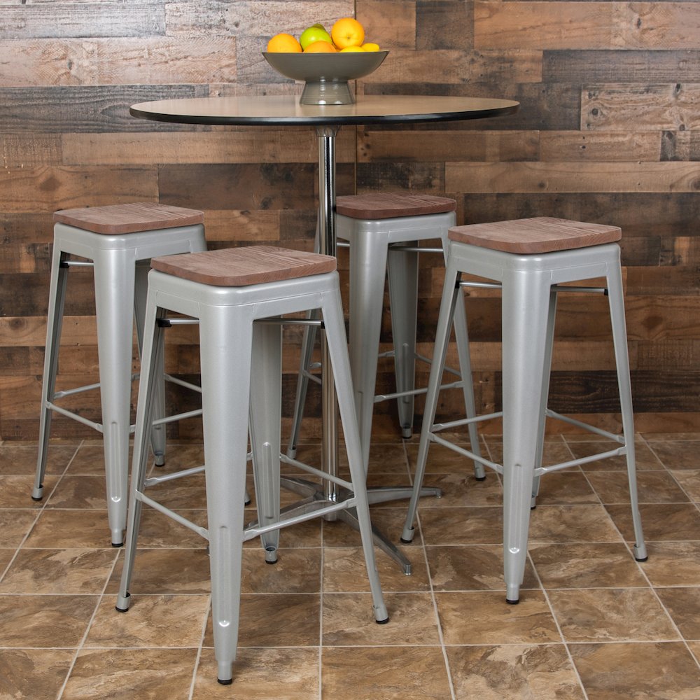 30" High Metal Indoor Bar Stool with Wood Seat in Silver - Stackable Set of 4. Picture 2