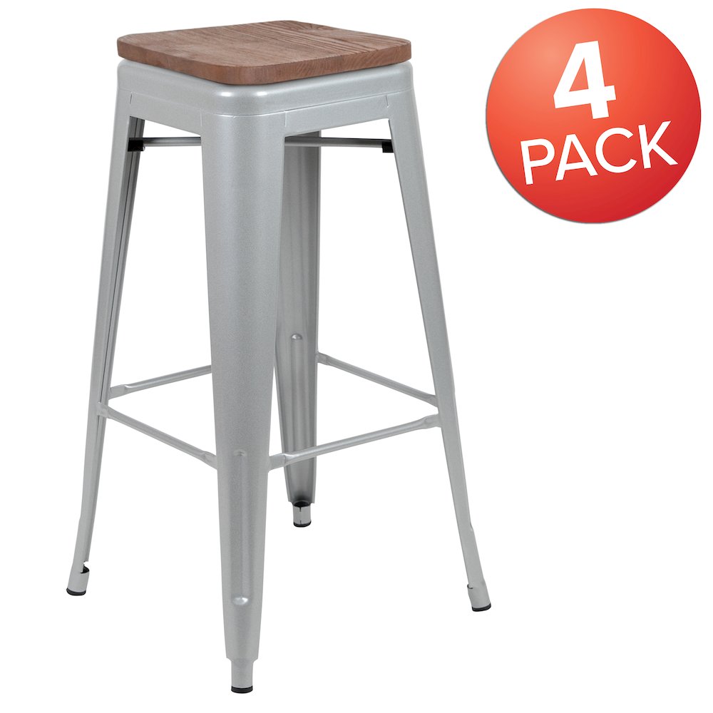 30" High Metal Indoor Bar Stool with Wood Seat in Silver - Stackable Set of 4. Picture 1