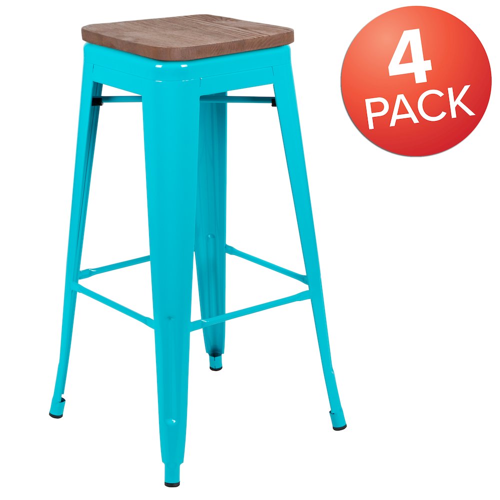 Set of 4 Modern Industrial Metal Stools  in Teal. Picture 1