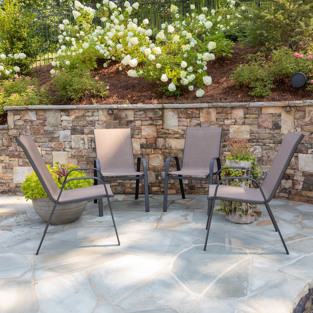 4 Pack Brown Outdoor Stack Chair with Flex Comfort Material and Metal Frame. Picture 2