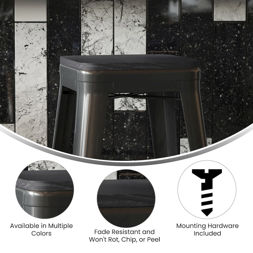 Perry Poly Resin Wood Square Seat with Rounded Edges for Colorful Metal Barstools in Black. Picture 5
