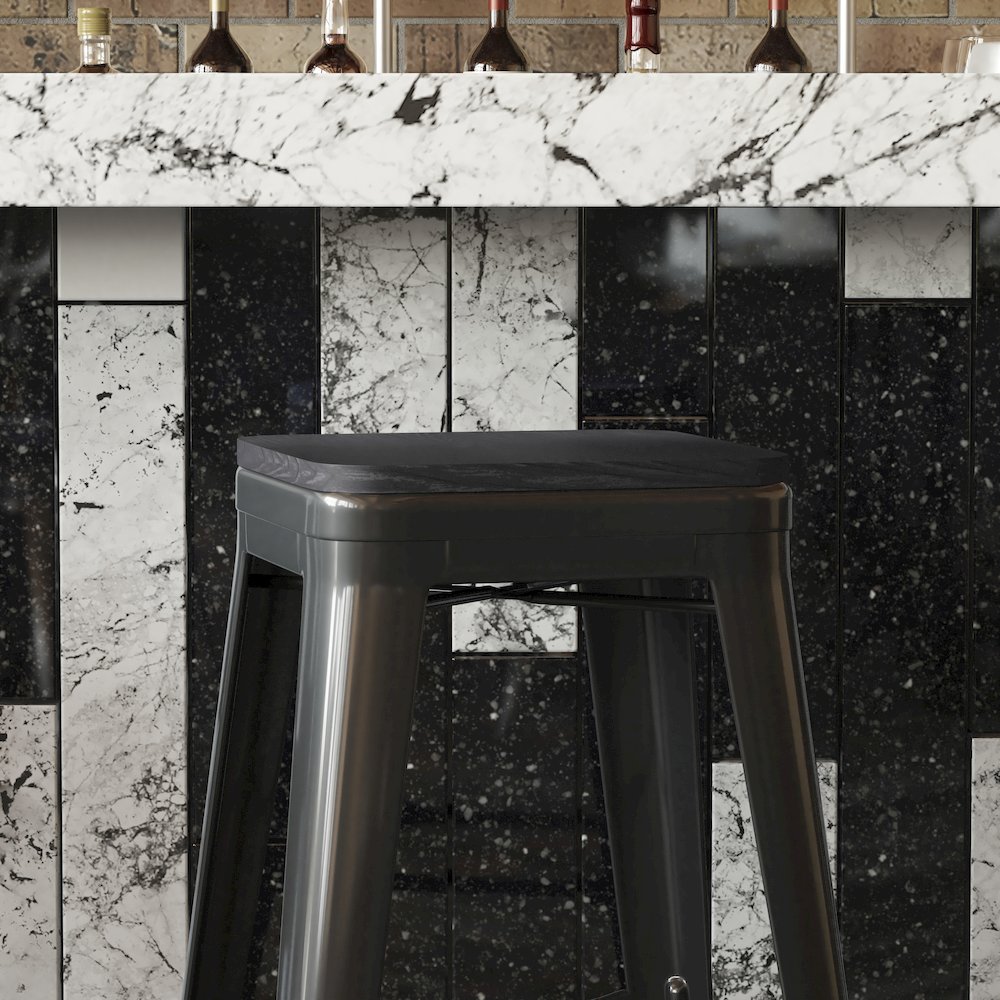 Perry Poly Resin Wood Square Seat with Rounded Edges for Colorful Metal Barstools in Black. Picture 7