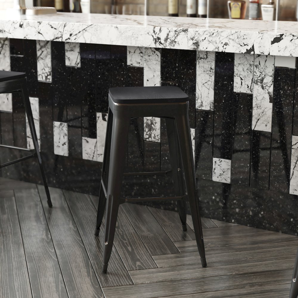 Perry Poly Resin Wood Square Seat with Rounded Edges for Colorful Metal Barstools in Black. Picture 8