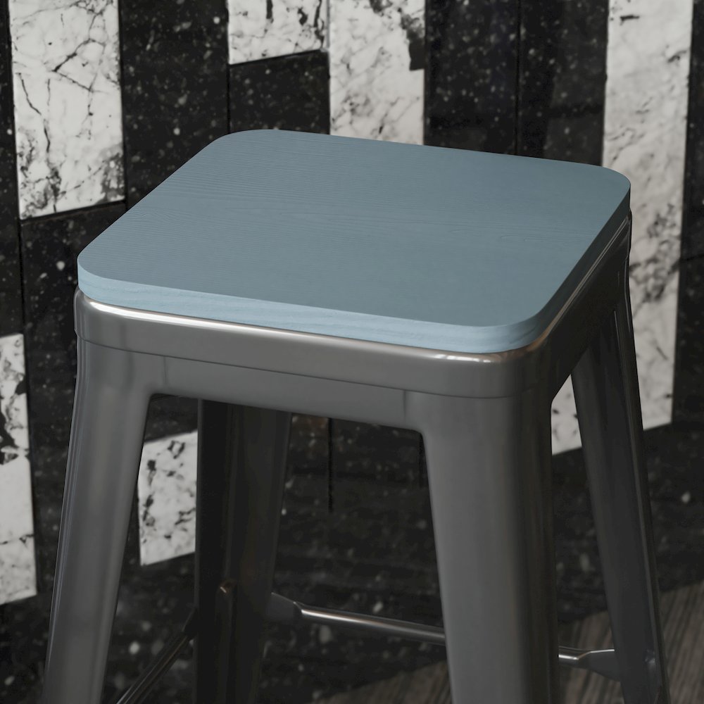 Perry Poly Resin Wood Square Seat with Rounded Edges for Colorful Metal Barstools in Teal-Blue. Picture 2