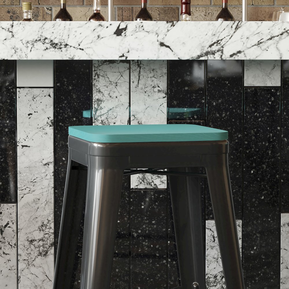 Perry Poly Resin Wood Square Seat with Rounded Edges for Colorful Metal Barstools in Mint. Picture 7