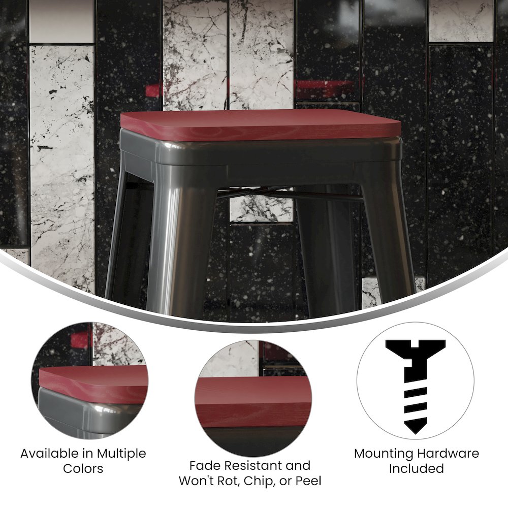 Perry Poly Resin Wood Square Seat with Rounded Edges for Colorful Metal Barstools in Red. Picture 5