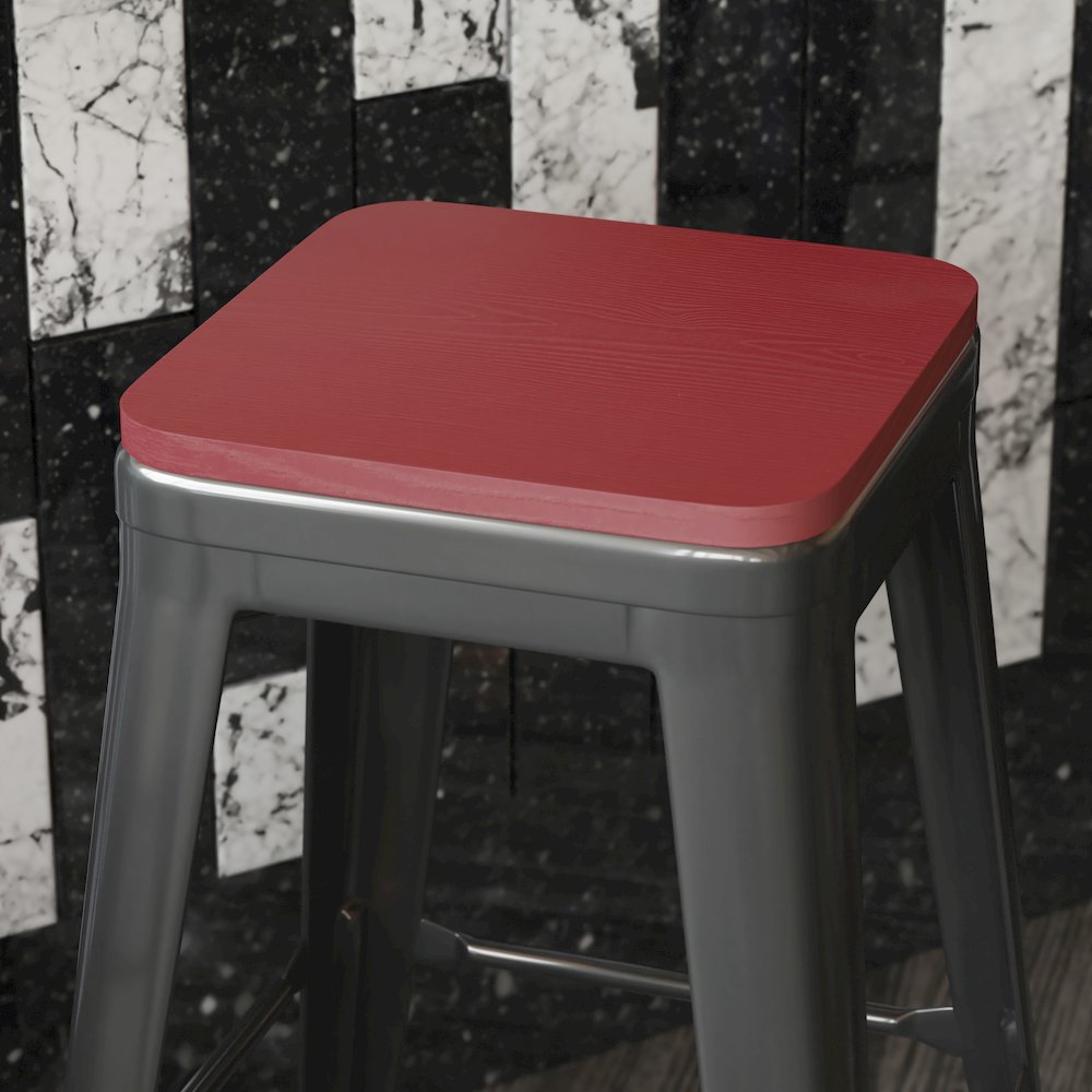 Perry Poly Resin Wood Square Seat with Rounded Edges for Colorful Metal Barstools in Red. Picture 2