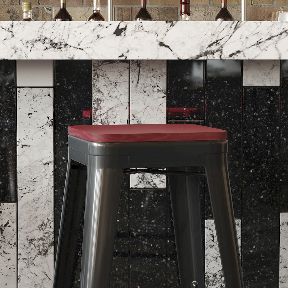 Perry Poly Resin Wood Square Seat with Rounded Edges for Colorful Metal Barstools in Red. Picture 7
