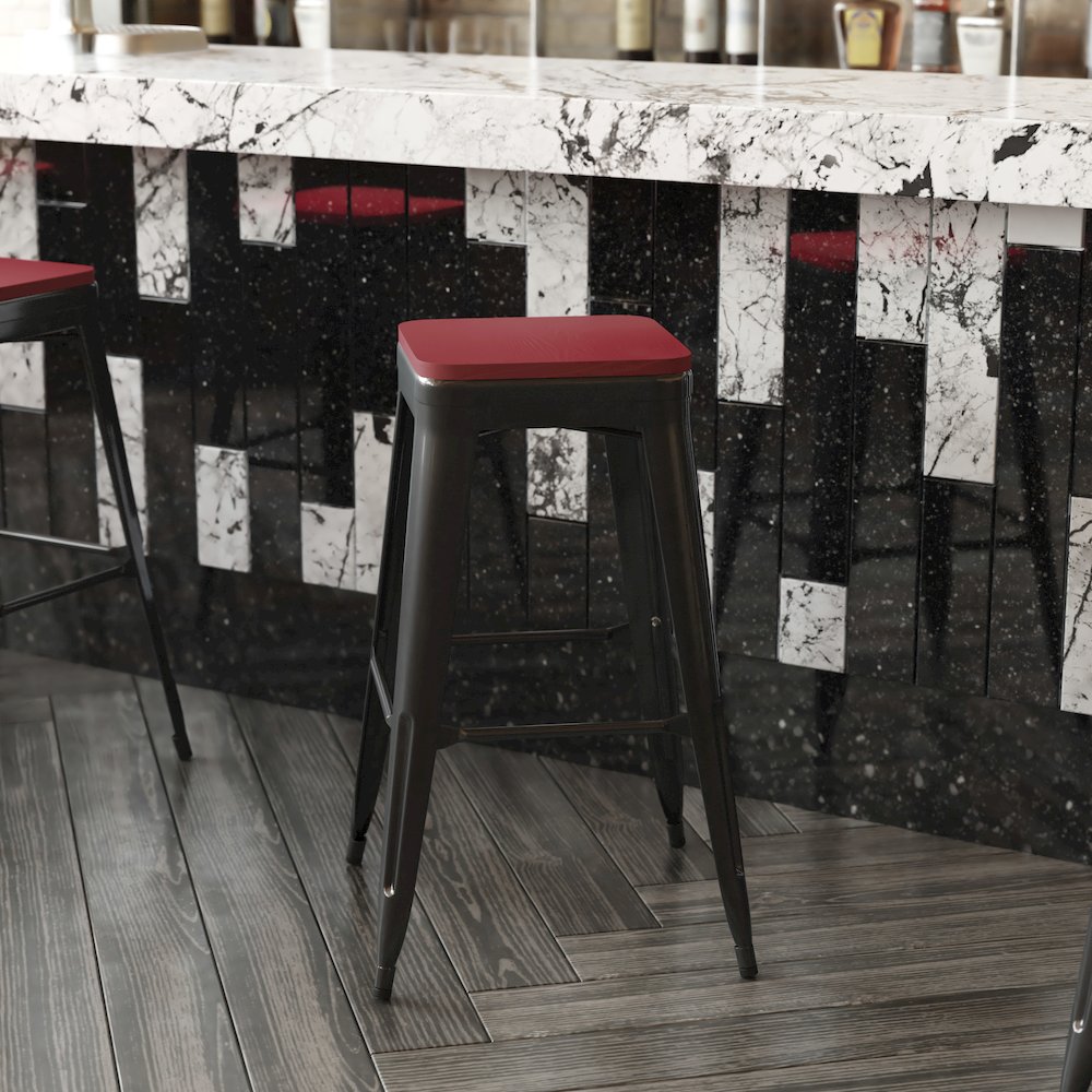 Perry Poly Resin Wood Square Seat with Rounded Edges for Colorful Metal Barstools in Red. Picture 8