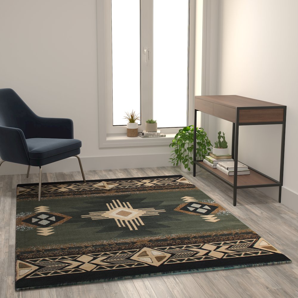 5' x 7' Sage Traditional Southwestern Area Rug - Olefin Fibers with Jute Backing. Picture 2