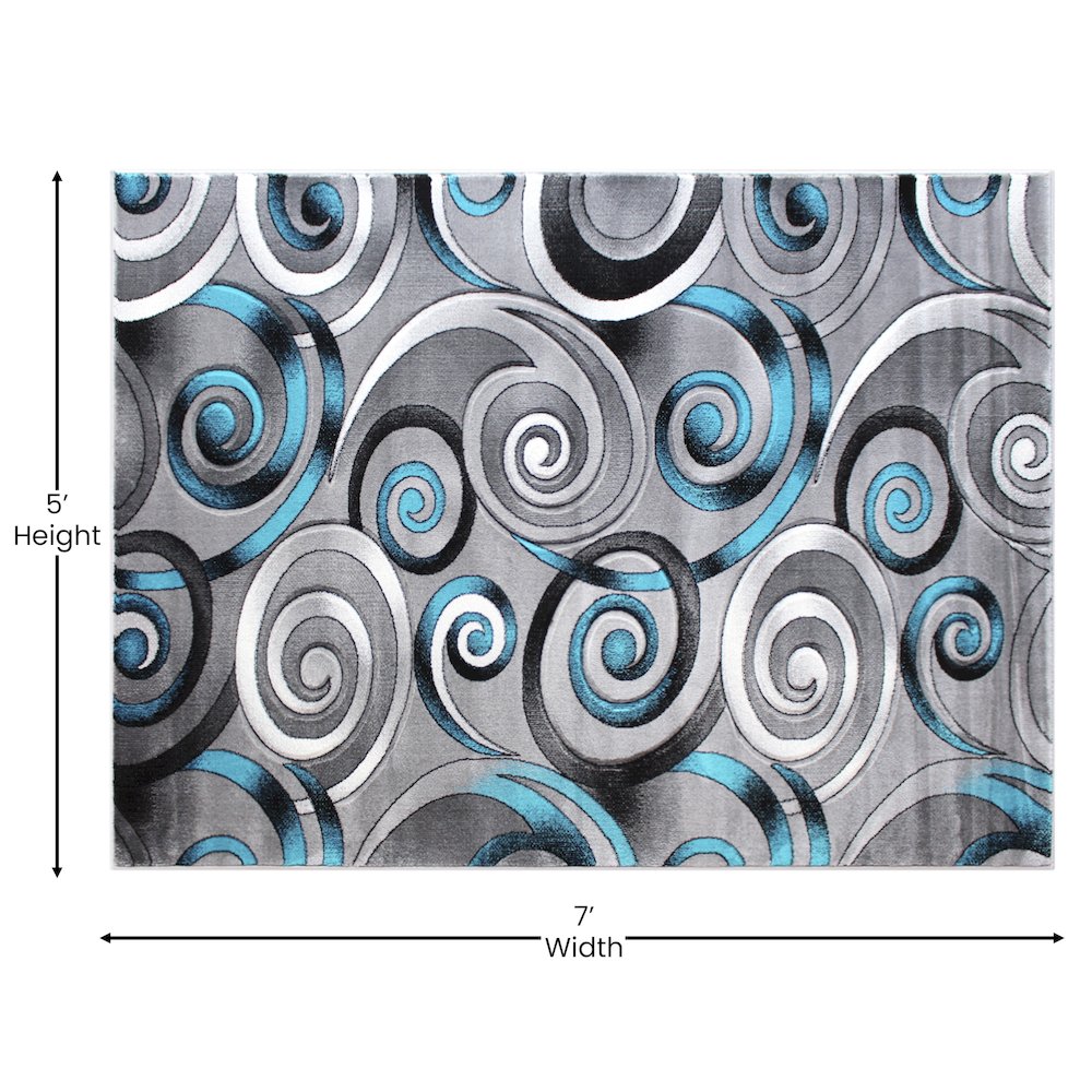 5' x 7' Turquoise Swirl Olefin Area Rug with Jute Backing. Picture 4
