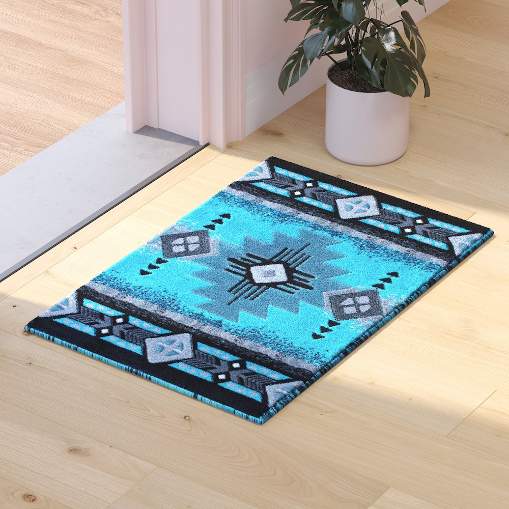 2' x 3' Turquoise Traditional Southwestern Area Rug - Olefin Fibers. Picture 2