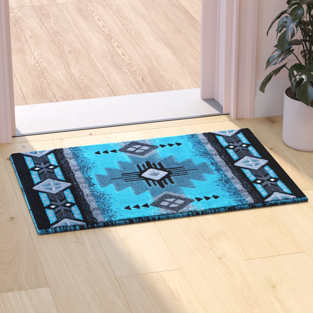 2' x 3' Turquoise Traditional Southwestern Area Rug - Olefin Fibers. Picture 5