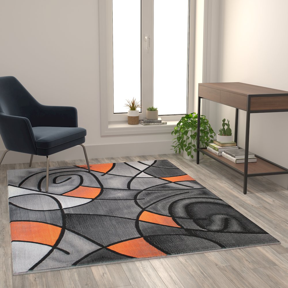5' x 7' Orange Abstract Area Rug - Olefin Rug. Picture 5