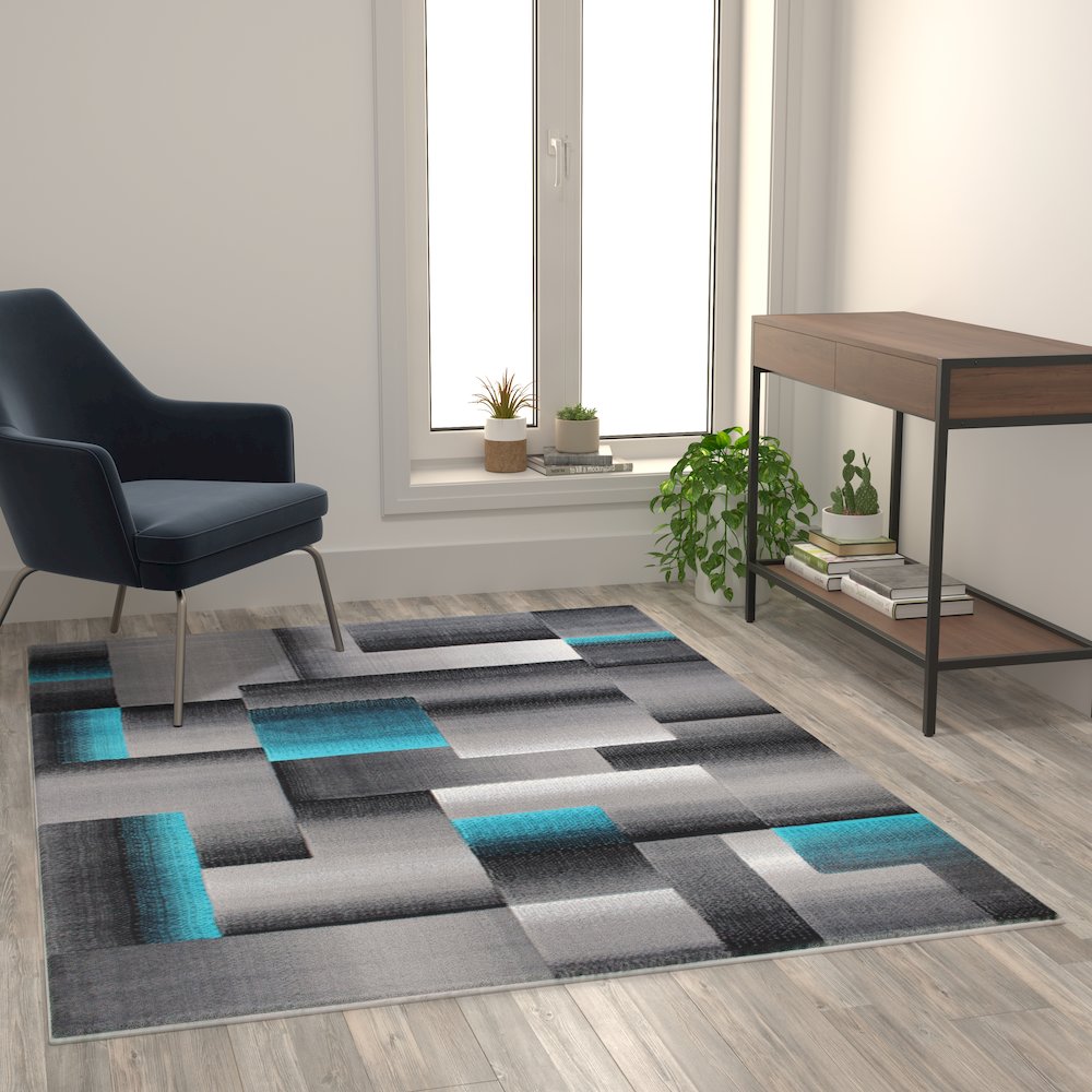 5' x 7' Turquoise Color Blocked Area Rug - Olefin Rug. Picture 5