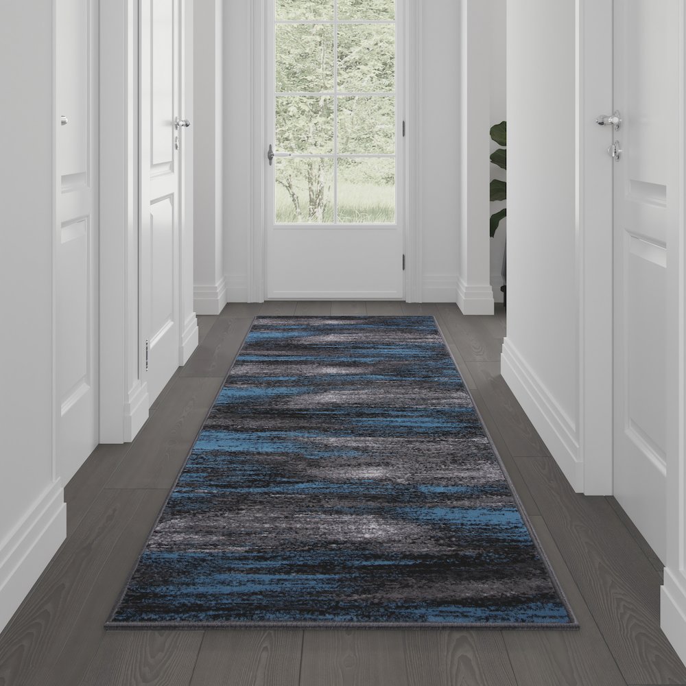 2' x 10' Blue Abstract Area Rug - Olefin Rug. Picture 2