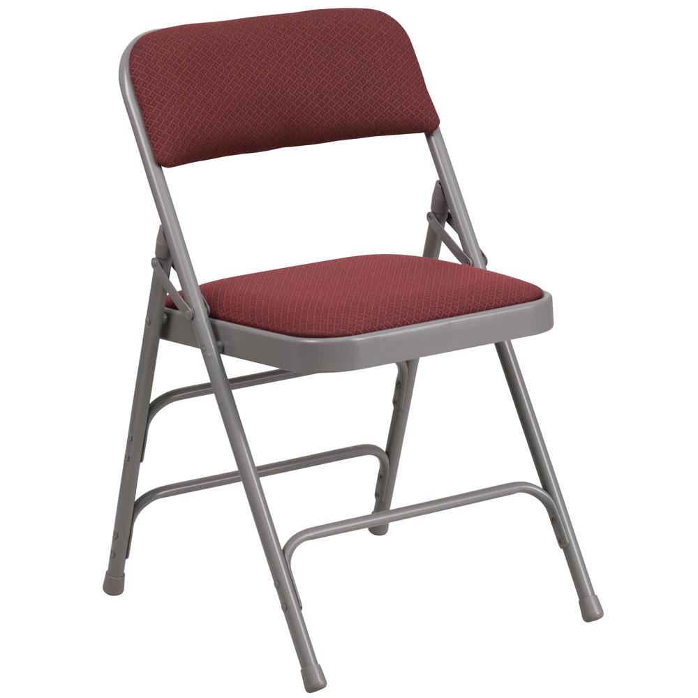 Curved Triple Braced & Double Hinged Burgundy Patterned Fabric Metal Folding Chair. Picture 9