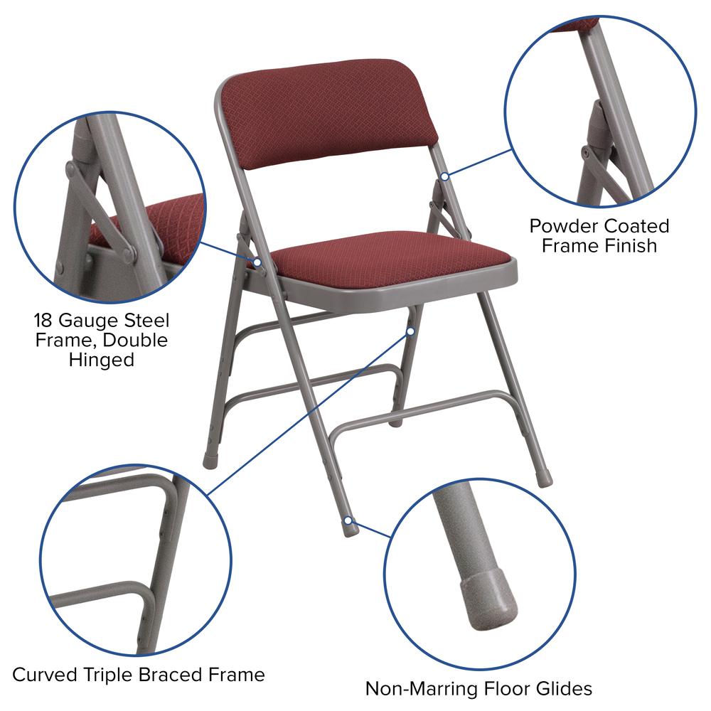 Curved Triple Braced & Double Hinged Burgundy Patterned Fabric Metal Folding Chair. Picture 14