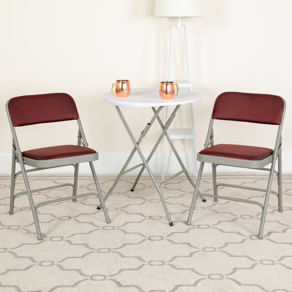 Curved Triple Braced & Double Hinged Burgundy Patterned Fabric Metal Folding Chair. Picture 15
