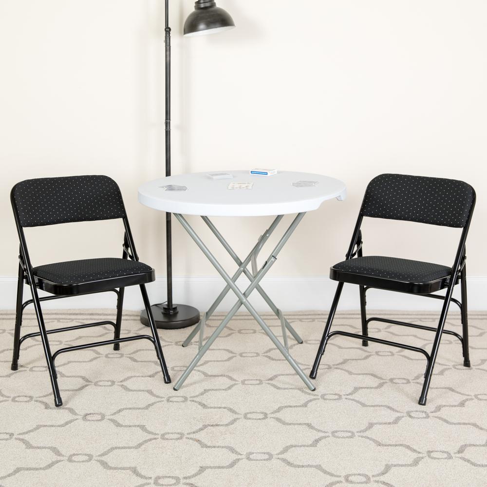 Curved Triple Braced & Double Hinged Black Patterned Fabric Metal Folding Chair. Picture 16