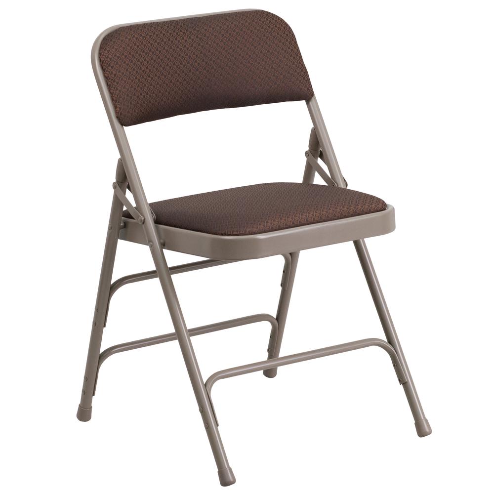 HERCULES Series Curved Triple Braced & Double Hinged Brown Patterned Fabric Metal Folding Chair. Picture 1