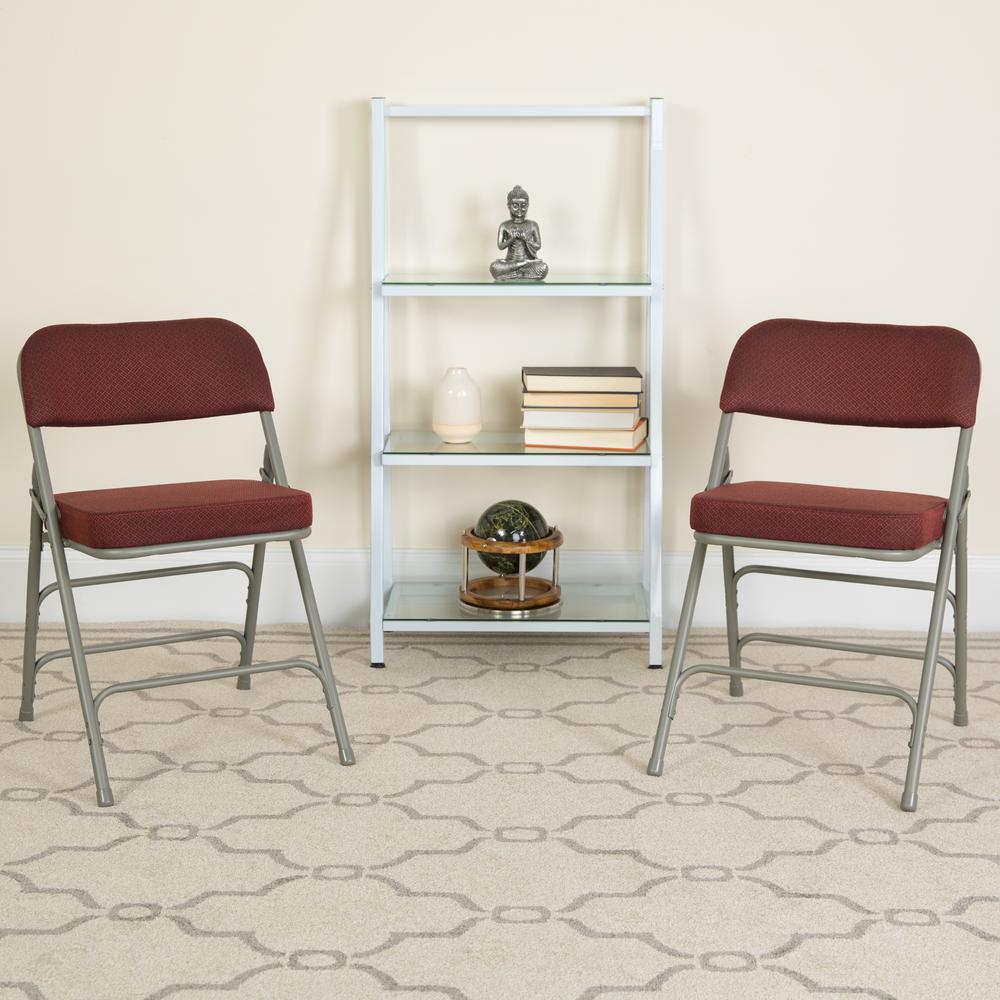 18"W Premium Curved Triple Braced & Double Hinged Burgundy Fabric Metal Folding Chair. Picture 18