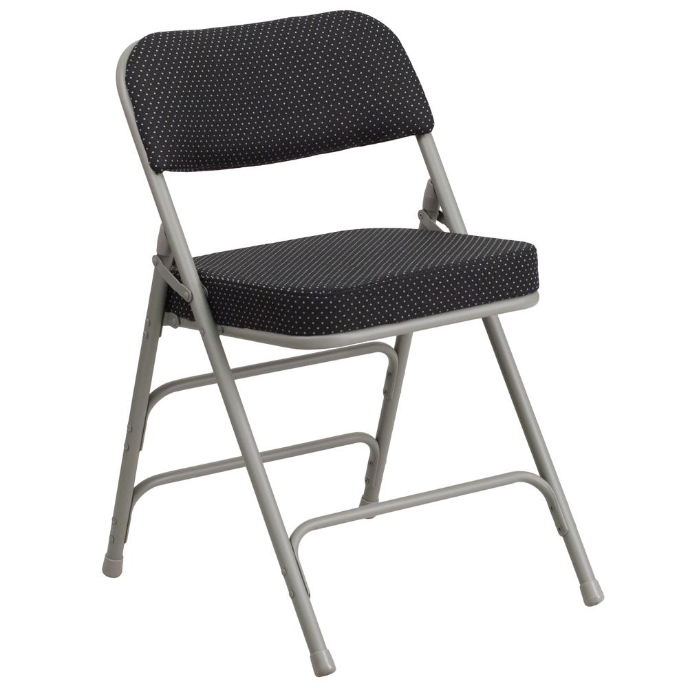 Premium Curved Triple Braced & Double Hinged Black Pin-Dot Fabric Metal Folding Chair. Picture 9