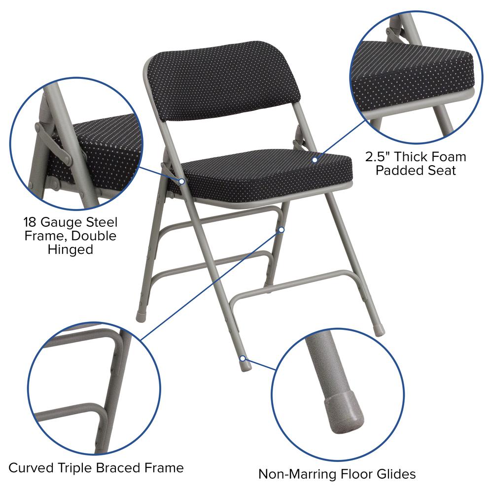 Premium Curved Triple Braced & Double Hinged Black Pin-Dot Fabric Metal Folding Chair. Picture 14