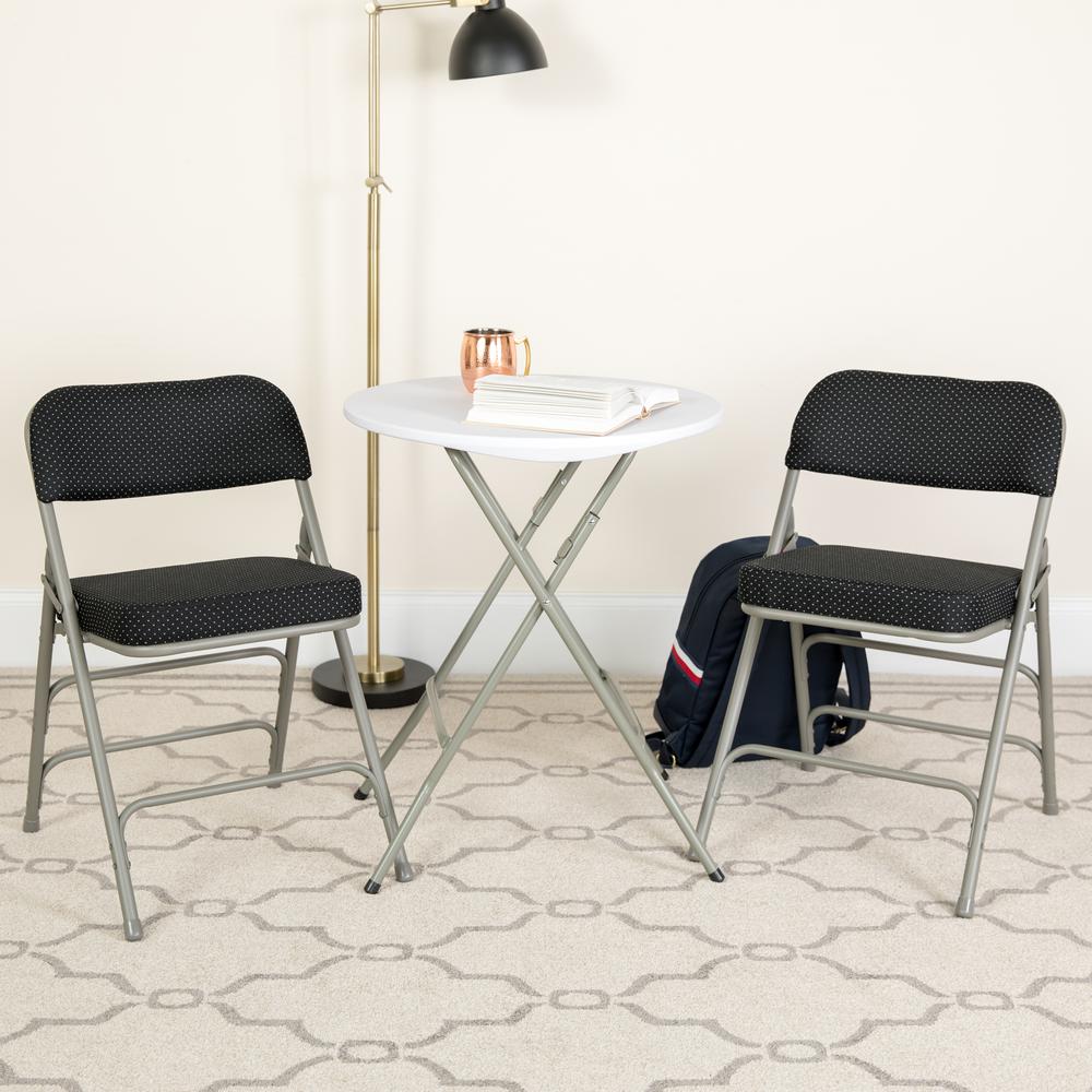 Premium Curved Triple Braced & Double Hinged Black Pin-Dot Fabric Metal Folding Chair. Picture 15
