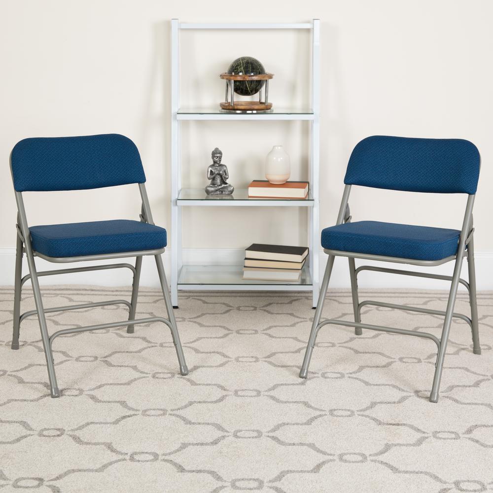 HERCULES Series Premium Curved Triple Braced & Double Hinged - Navy Fabric Metal Folding Chair. Picture 2