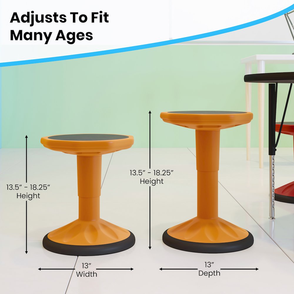 Adjustable Height Kids Active Stool with Bottom in Orange, 14" - 18" Seat Height. Picture 6