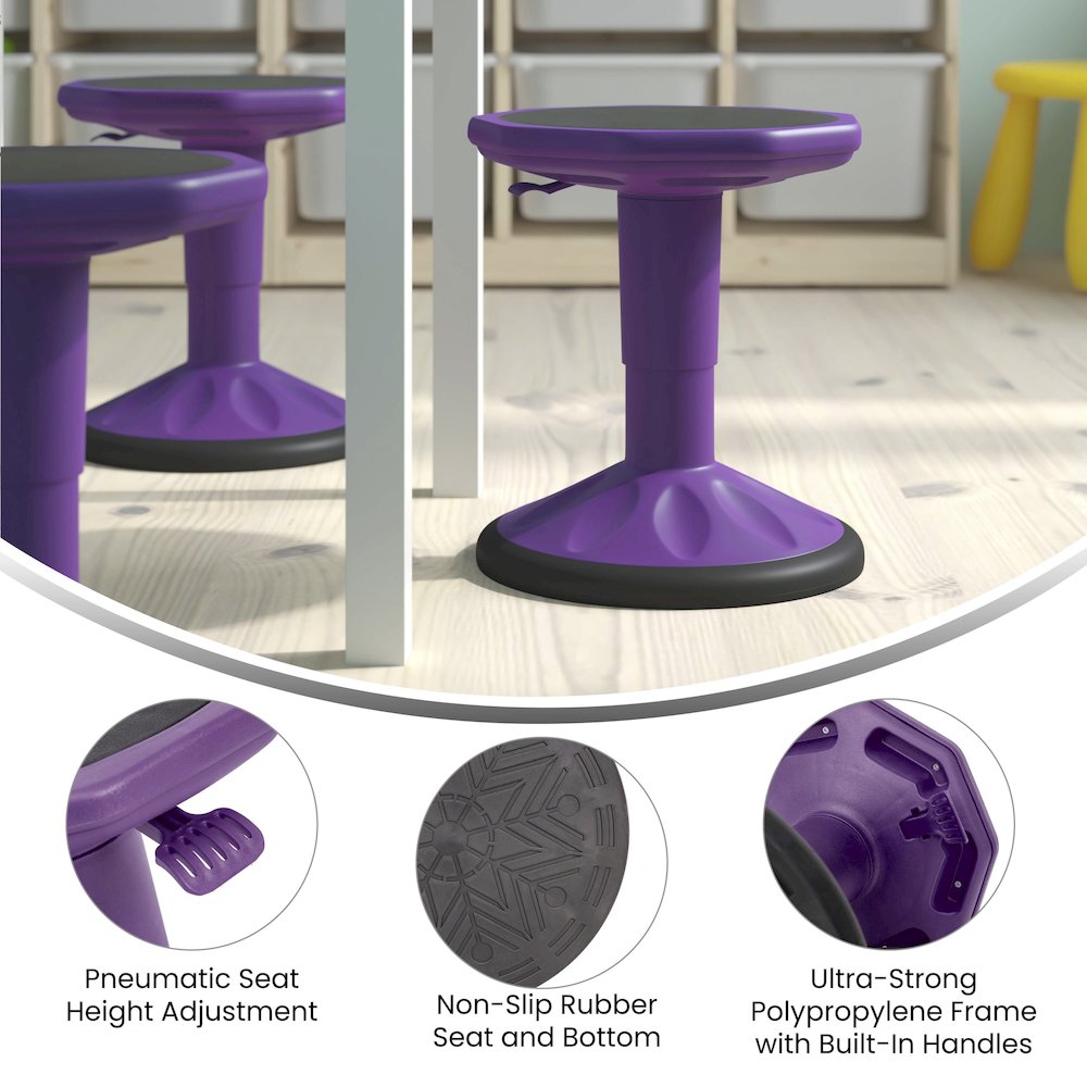 Adjustable Height Kids Active Stool with Bottom in Purple, 14" - 18" Seat Height. Picture 5