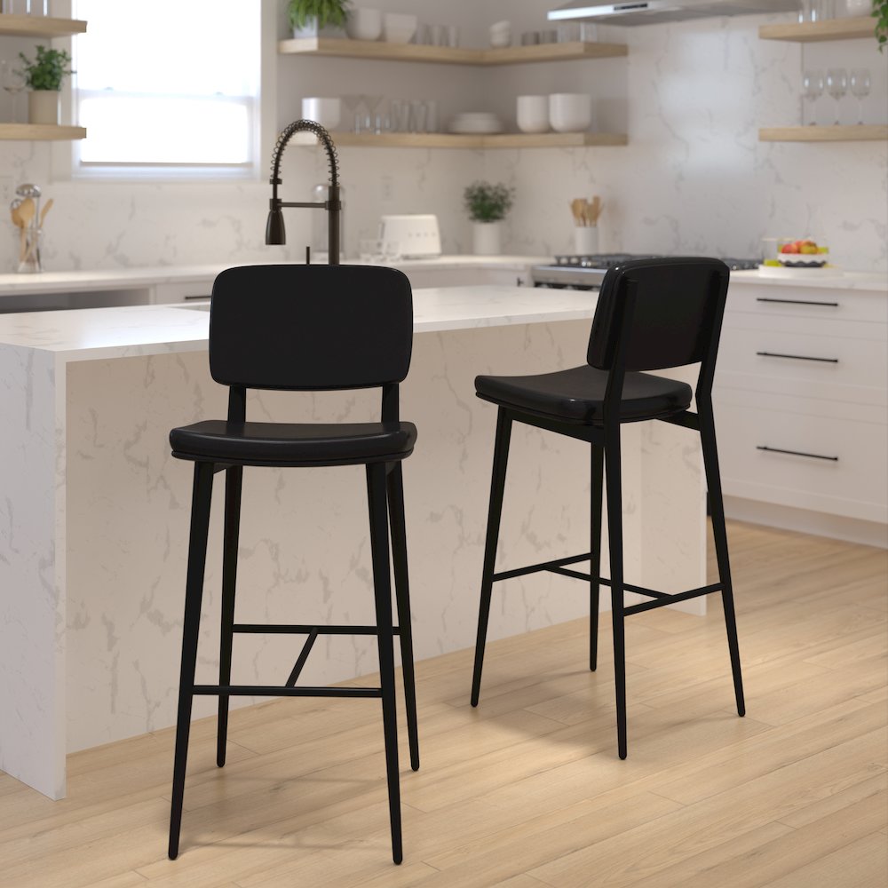 Mid-Back Barstools - Black Upholstery - Black Iron Frame - Set of 2. Picture 2
