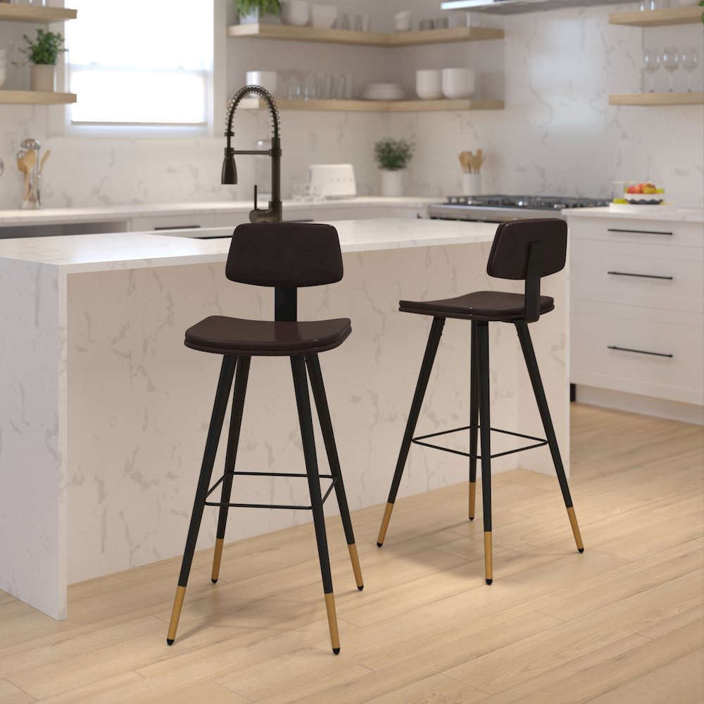 Low Back Barstools-Brown Upholstery-Black Iron Frame--Set of 2. Picture 2