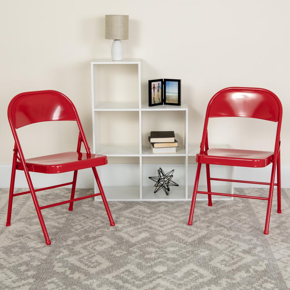 Double Braced Red Metal Folding Chair. Picture 18