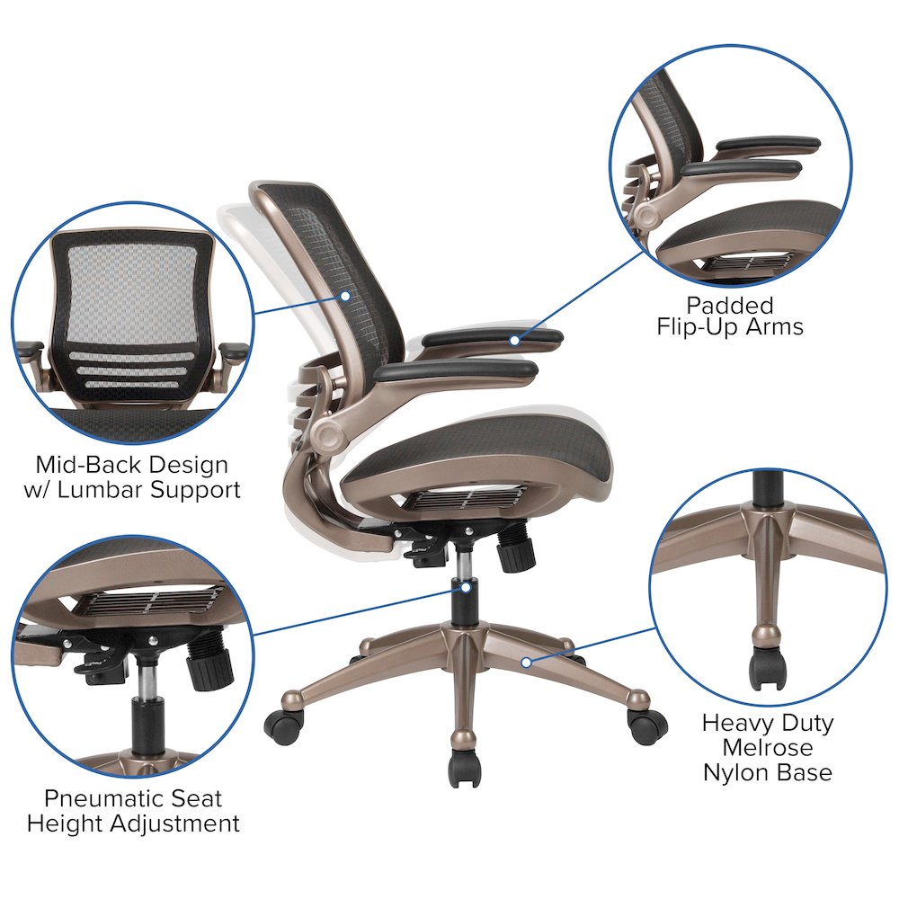 Mid-Back Black Mesh Executive Swivel Office Chair with Melrose Gold Frame. Picture 6