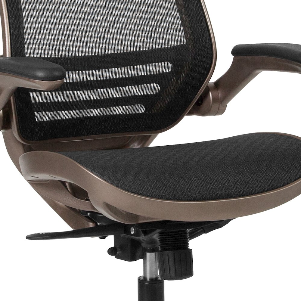 Mid-Back Black Mesh Executive Swivel Office Chair with Melrose Gold Frame. Picture 12