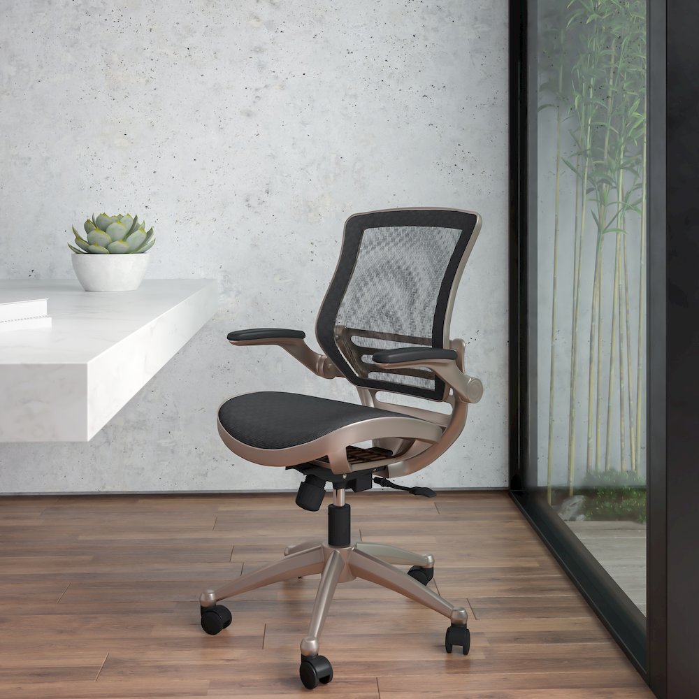 Mid-Back Black Mesh Executive Swivel Office Chair with Melrose Gold Frame. Picture 2