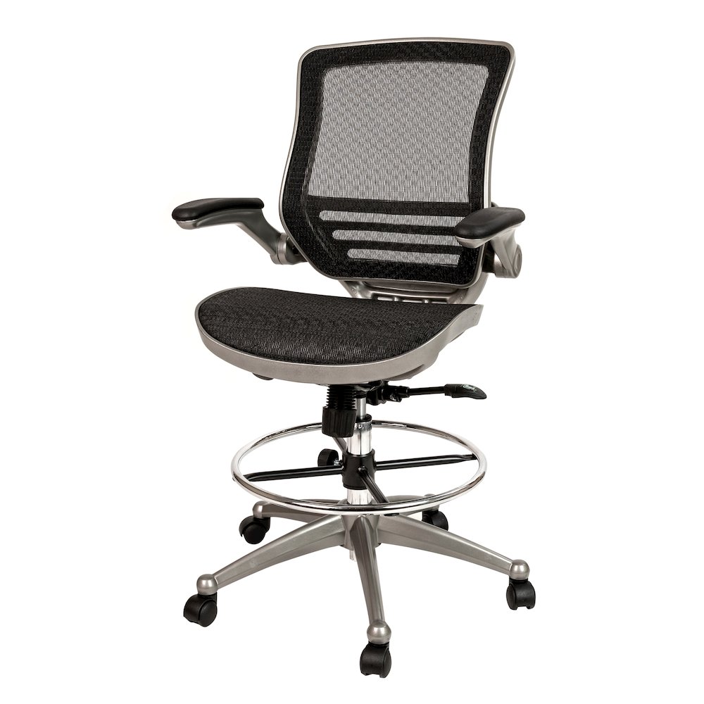 Mid-Back Black Mesh Drafting Chair with Graphite Silver Frame and Flip-Up Arms. Picture 1