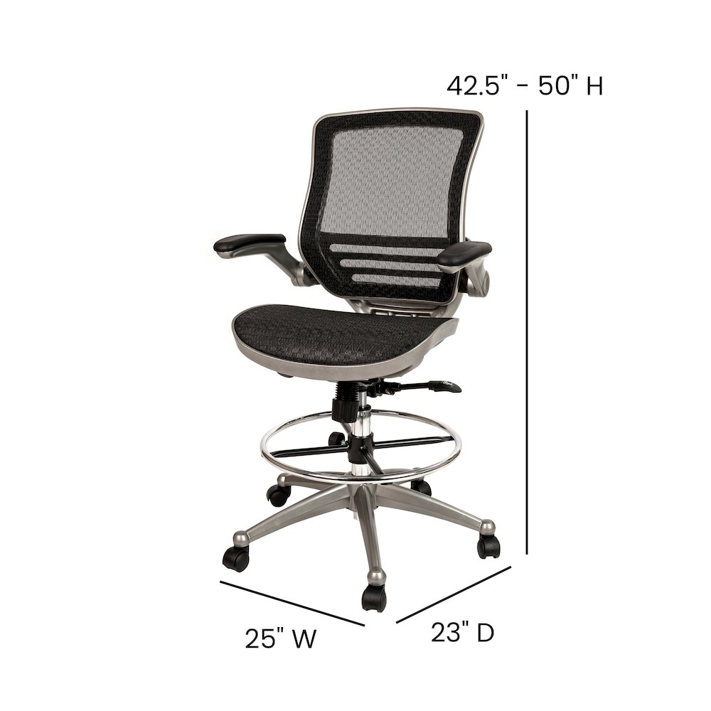 Mid-Back Black Mesh Drafting Chair with Graphite Silver Frame and Flip-Up Arms. Picture 5