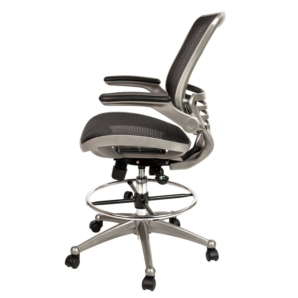 Mid-Back Black Mesh Drafting Chair with Graphite Silver Frame and Flip-Up Arms. Picture 8