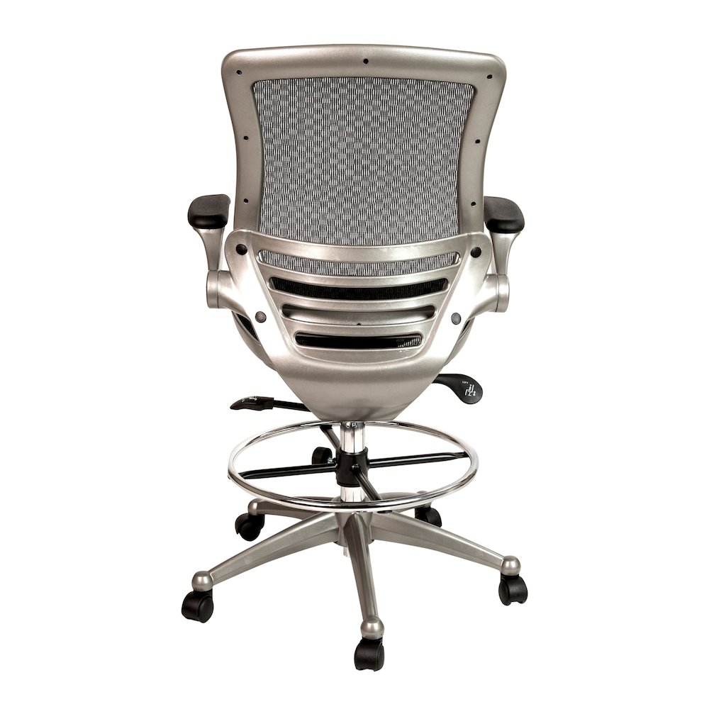 Mid-Back Black Mesh Drafting Chair with Graphite Silver Frame and Flip-Up Arms. Picture 6