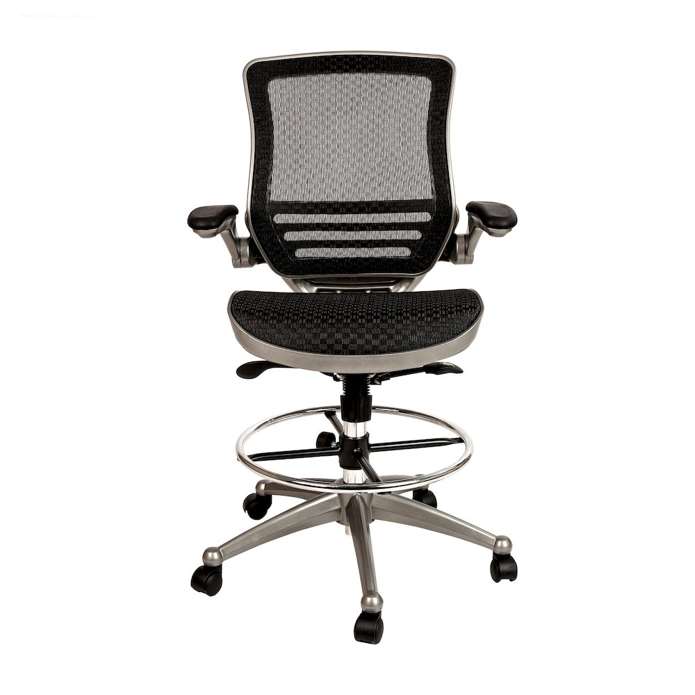 Mid-Back Black Mesh Drafting Chair with Graphite Silver Frame and Flip-Up Arms. Picture 9