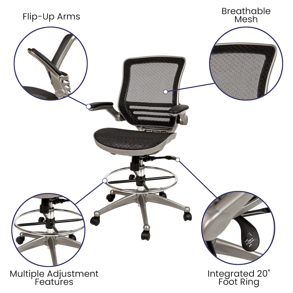 Mid-Back Black Mesh Drafting Chair with Graphite Silver Frame and Flip-Up Arms. Picture 4