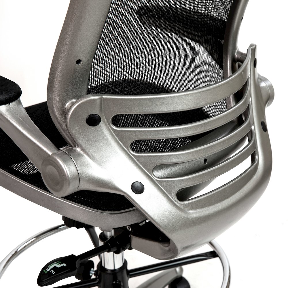 Mid-Back Black Mesh Drafting Chair with Graphite Silver Frame and Flip-Up Arms. Picture 7