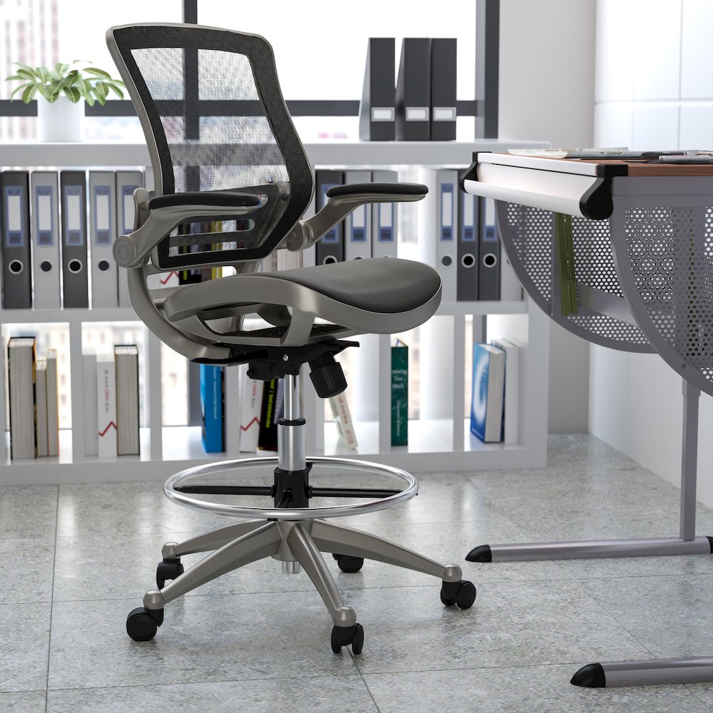 Mid-Back Black Mesh Drafting Chair with Graphite Silver Frame and Flip-Up Arms. Picture 2