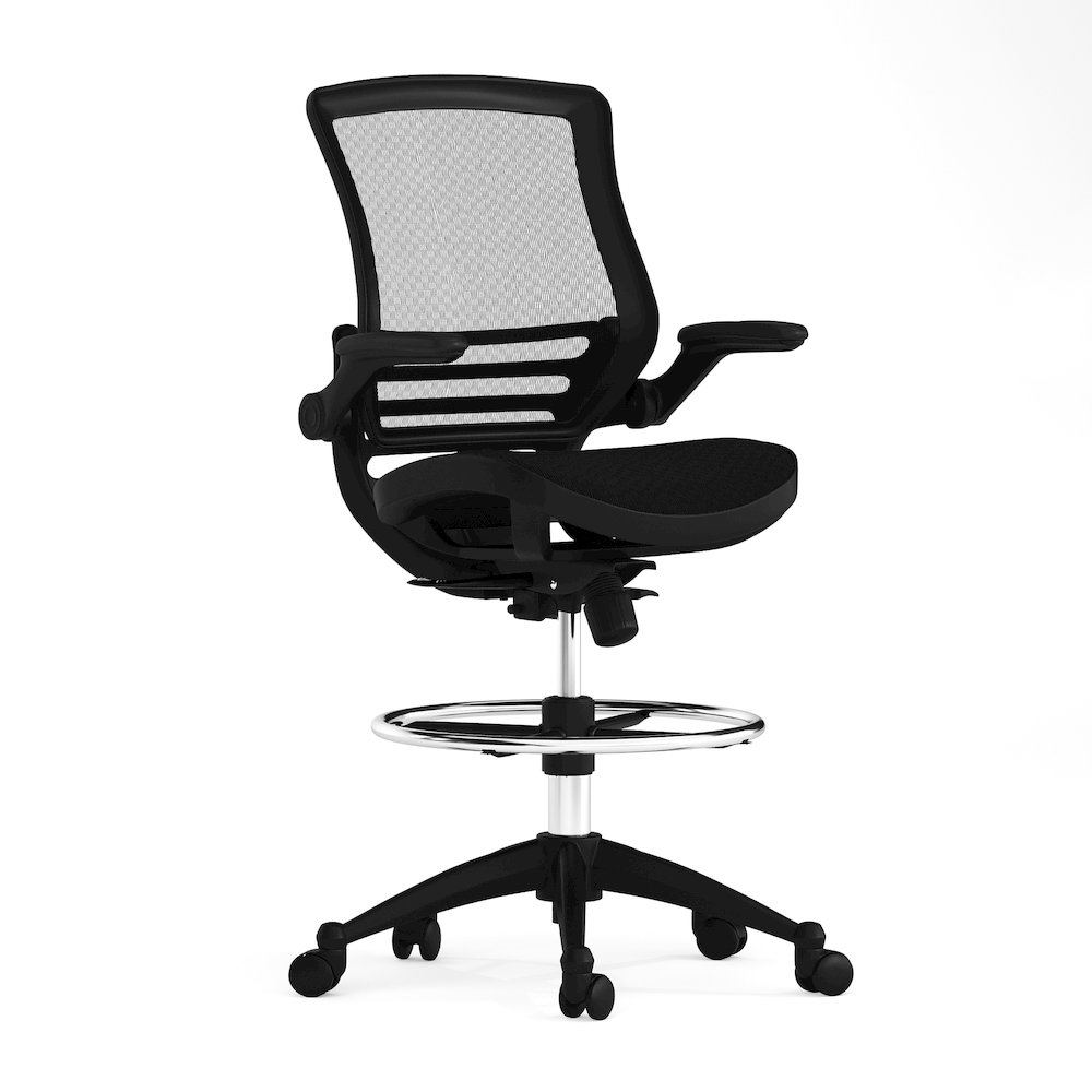 Mid-Back Transparent Black Mesh Drafting Chair with Black Frame and Flip-Up Arms. Picture 1
