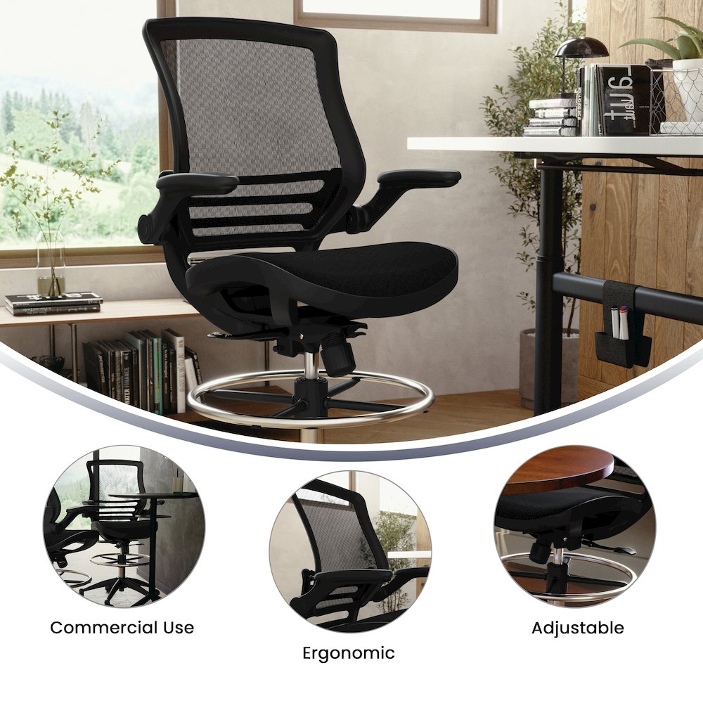 Mid-Back Transparent Black Mesh Drafting Chair with Black Frame and Flip-Up Arms. Picture 5