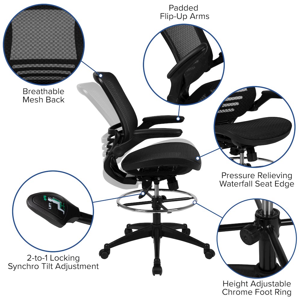 Mid-Back Transparent Black Mesh Drafting Chair with Black Frame and Flip-Up Arms. Picture 7